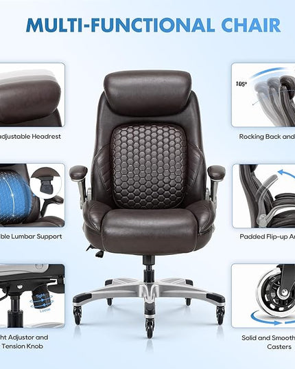 COLAMY Office Ergonomic Desk High Back Executive Chair with Pop-Out Lumbar Support, Upgraded Casters, Adjustable Headrest, Flip-Up Arms, Leather Home with Thick Cushion for Comfort - Brown