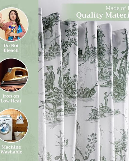 Maison d' Hermine Curtains for Living Room 100% Cotton 108 inch Length One Panel Light Filtering Toile Curtains with Rod and Loop Pockets (Calais Antique Green (White Background), 50" W x 108" L)