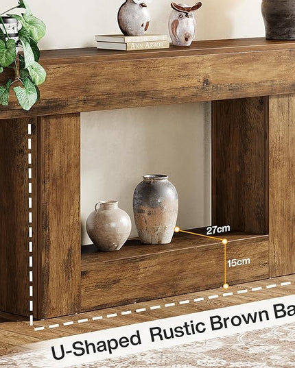 Tribesigns 63" Console Table, Farmhouse 2-Tier Entryway Table with U-Shaped Base, Narrow Long Wood Sofa Table Behind Couch Table for Living Room, Hallway, Foyer, Vintage Brown