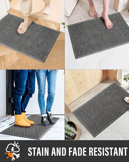 Sturdy Front Door Mat, Absorbent Muddy Dirt Resist Welcome Door Mats Outdoor Indoor, Stain and Fade Resistant, Non-Slip Rubber Backing Low Profile Doormat for Entryway, 30×17, Grey