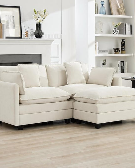 76'' Cloud Deep Seat Loveseat Sofa, Upholstered Chenille Modular 3-Seats Sectional Sofa Couch with Movable Ottoman, Modern Comfy Settee Loveseat for Living Room Set, Small Apartment, Beige