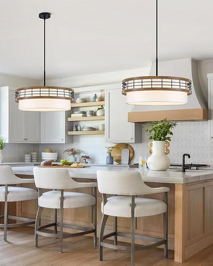 22" Large Drum Chandelier, Black and Wood Texture Pendant Light, 5-Light Farmhouse Kitchen Chandelier for Dining Room Foyer Entryway Bedroom