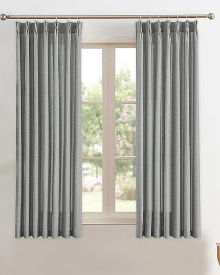 RAIN CITY Grey Linen Curtains 63 Inches Long Pinch Pleated with Hooks 2 Panels, Semi Sheer Textured Light Filtering Window Drapes for Bedroom Back Tab 42x63-in