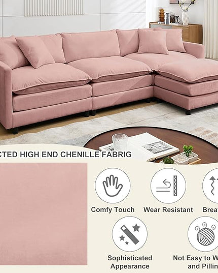 Modular Sectional Sofa,108.27'' Modern Sofa Sleeper Couch with 3 Seat & 1 Ottoman & 3 pillows Sofa Set,Comfy Cloud Couches with Movable Ottoman Deep Seat Sofa for Living Room Chenille (pink, L shaped)