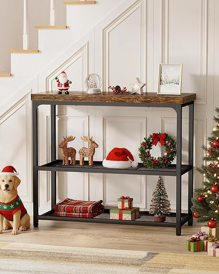 32" Small Console Table with Storage, Narrow Entryway Table, Sofa Table for Living Room, Sturdy 3-Tier Console Tables for Living Room, Hallway, Foyer & Bedroom, Rustic Brown