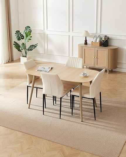55.1" Modern Dining Table Set for 4, Scratch-Resistant Wood Table with 4 Black Leather Chairs, Stylish & Durable Dining Room Furniture, Space-Saving Kitchen Table Set for Family & Apartment