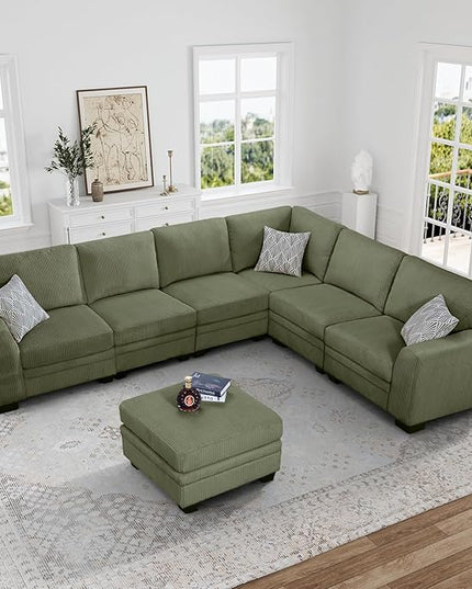 Legend Vansen Oversized Modular Sectional Sofa,7 Seat U Shaped Couch with Ottoman,Corduroy Sofa with Deep Seat,Convertible Large Sectional Couches for Living Room (Olive, L-7)