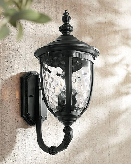 John Timberland Bellagio European Outdoor Wall Light Fixture Textured Black 21" Clear Hammered Glass Upbridge Arm for Exterior House Porch Patio Outside Deck Garage Yard Front Door Garden Home