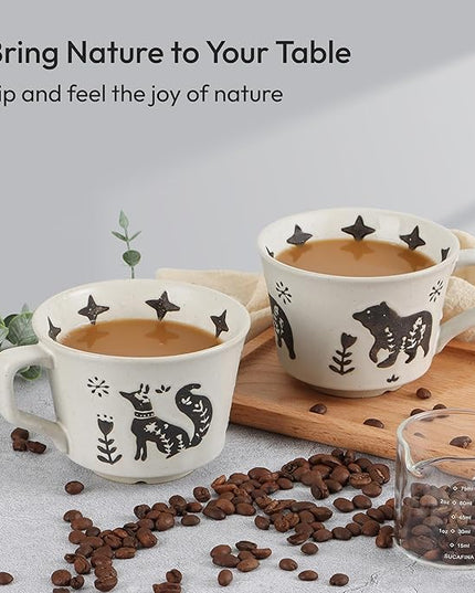 Ceramic Coffee Mug, 12 oz Novelty Unique Teacup with Handle, Stoneware Cup for Tea Mocha Latte Cappuccino Espresso (Set of 4, Fox and Bear)