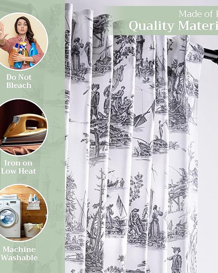 Maison d' Hermine Curtains for Living Room 100% Cotton 96 inch Length One Panel Light Filtering Toile Curtain with Rod and Loop Pockets Drapes (Calais Paloma Grey (White Background), 50" W x 96" L)