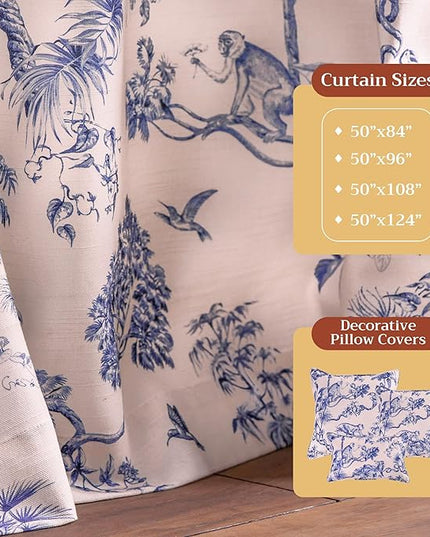 Maison d' Hermine Curtains for Living Room 100% Cotton 108 inch Length Two Panels Light Filtering Toile Curtains for Bedroom Windows with Rod and Loop Pockets Drapes (Bonobo Blue, 50" W x 108" L)
