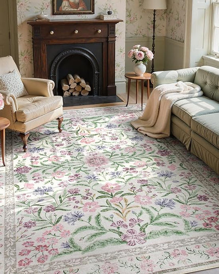 Wonnitar Purple Floral 8x10 Area Rugs, Washable Rug for Living Room, Soft Ultra-Thin Non-Shedding Large Indoor Boho Carpet for Bedroom Nursery Playroom Classroom Decor, Light Purple/Pink