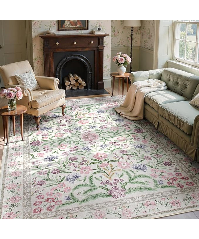 Wonnitar Purple Floral 8x10 Area Rugs, Washable Rug for Living Room, Soft Ultra-Thin Non-Shedding Large Indoor Boho Carpet for Bedroom Nursery Playroom Classroom Decor, Light Purple/Pink