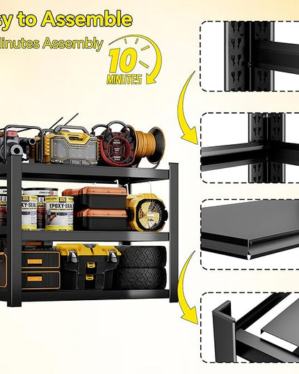 CJF Metal Storage Shelves, 3-Tier Garage Shelving Unit, Heavy Duty Adjustable Metal Shelving for Garage, Basement, Pantry, Warehouse-Black (36 "H x 36" W x 16" D)