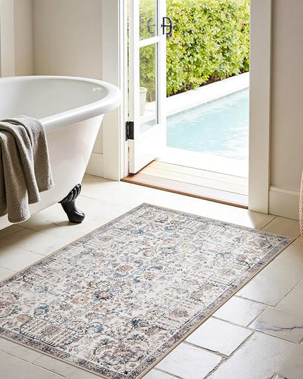 jinchan Kalen Area Rug 3x5 Washable Entryway Rug Vintage Door Mat Indoor Entrance Thin Retro Distressed Floral Doormat Country Boho Lightweight Non Slip Carpet for Bathroom Kitchen Bedroom Blue Multi
