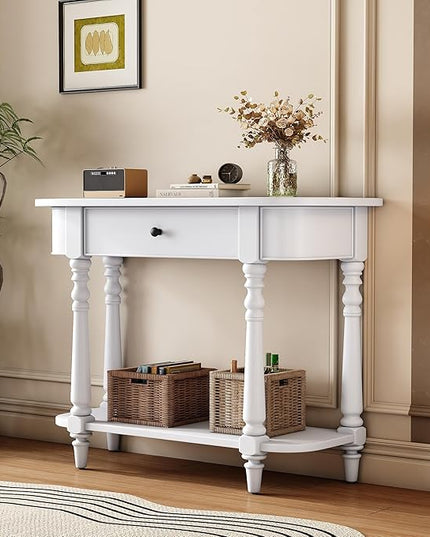 HMFULE Retro Curved Console Table, 36" Solid Wood Half Moon Console Table Sofa Table Entryway Table with 1 Drawer 1 Open Shelf Roman Legs Curved Corners for Living Room,Entryway,Hallway,White
