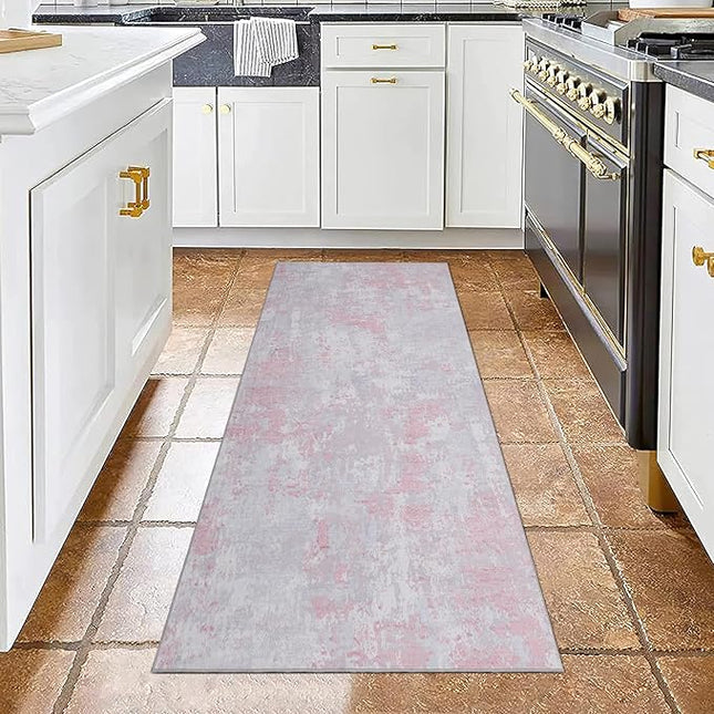 Modern Abstract Runner Rug 2x5 Washable Non Slip Stain Resistant Rug for Bedroom Living Room Non Shedding Low Pile Indoor Floor Cover,Grey Pink