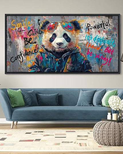 JEAWA Large Canvas Framed Wall Art, Panda Abstract Graffiti Street Art Pop Wall Picture Black and White Paintings Ready to Hang Living Room Bedroom Study Home Office Inspirational Decor 29x58 IN