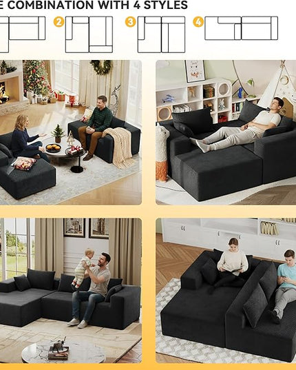 ALISH 111 Inch L-Shaped Cloud Sectional Sofa Couch, Compression Couch with Chaise, Modular Deep Seat Boneless Design for Easy Setup, Plush Upholstered Living Room Bedroom Apartment Furniture, Black