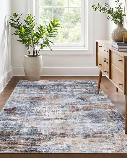 IOHOUZE Abstract Area Rug 4x6 Ft Washable Rugs for Entryway Indoor, Non Slip Small Living Room Rugs Printed Faux Wool Throw Rug, Floor Carpet for Kitchen Nursery Playroom, Orange Grey