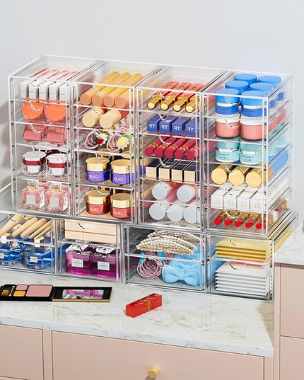 2 Pack Desk Organizers, Makeup Organizer Storage with 7 Drawers, Desktop Office Supplies, Clear Desk Accessories, Dustproof Drawer Organizer and Storage for Make Up, Jewelry, Pen