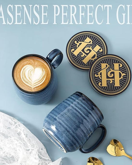 HASENSE Coffee Mugs Set of 2, 12oz Ceramic Glazed Mugs with Handles, Blue Reactive Glazes Tea Cups Gift Set for Men and Women, Includes Gold Spoon & Coaster
