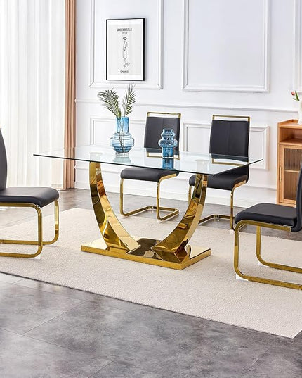 63” Glass Dining Table Set for 4,Gold Dining Room Table Set for 4,Modern Kitchen Table and PU Leather Chairs for 4, Rectangle Tempered Glass Top and Golden Base
