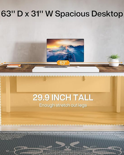 Tribesigns 63 inches Executive Computer Desk, Large Home Office Desk Writing Table for Workstation, Cabinet not Included (Rustic&White, 63-inch)