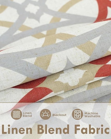 DriftAway Alexander 100% Blackout Curtains for Living Room Linen Blend Pattern Match Thermal Insulated Room Darkening Geo Moroccan Mid Century Back Tab Bedroom Drapes 2 Panels 52 x 108 Inch Linen Red