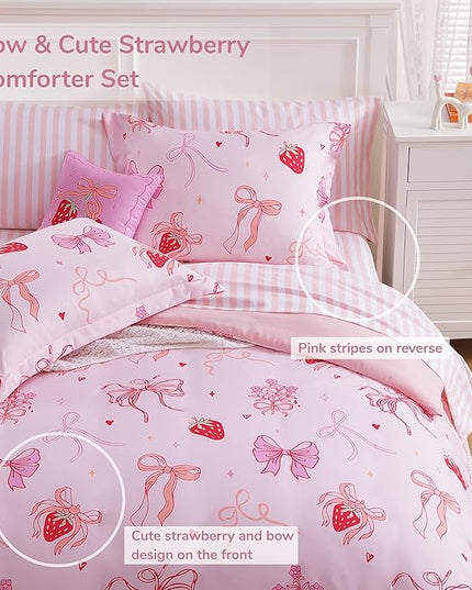 Full Size Comforter Set for Girls-7 Pieces Pink Bow Full Bedding Sets for Kids, Ultra Soft Bed in A Bag with Sheets