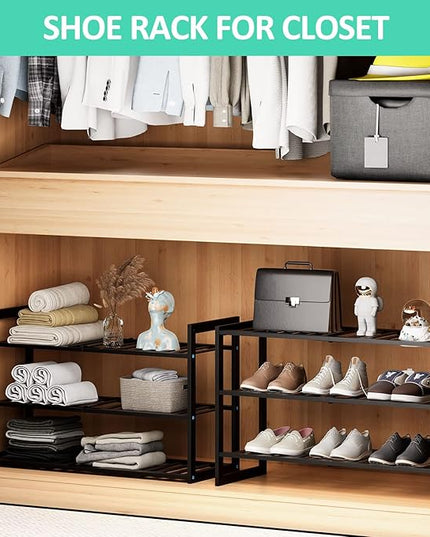 Bamboo Shoe Rack for Entryway, Stackable 3 Tier Shoe Organizer Shelf Storage 9-12 Pairs Shoes Stand Cubby for Closet Door Hallway Bedroom Garage Black, Thanksgiving
