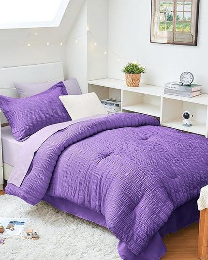HYMOKEGE Dark Purple/Lavender Twin XL Comforter Set Seersucker 5 Pieces, All Season Luxury Bed in a Bag for Bedroom, Bedding Set with Comforter, Sheets, Pillowcase & Sham