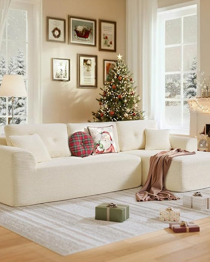 VASAGLE 108.3 Inches Boneless Couch with Chaise, Modular Sectional Sofa, Modern Cloud Couch with Deep Seat, L-Shape Corduroy Sofa for Living Room, Right-Facing Chaise, Bedroom, Cream White ULCS182WD01