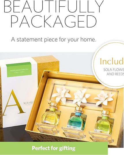 AGRARIA Citrus & Floral PetiteEssence Collection, Handmade Sola Flower Reed Diffuser Set of 3, Luxury Home Fragrance Scented Oil Diffuser Gift Set