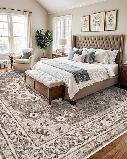 Washable Oriental Area Rug - 10x14 Rugs for Living Room Soft Carpet for Bedroom Waterproof Floral Distressed Indoor Stain Resistant Non-Shedding Floor Carpets (Beige, 10X14)