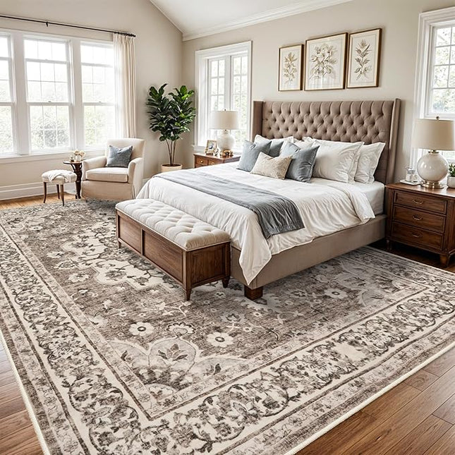 Washable Oriental Area Rug - 10x14 Rugs for Living Room Soft Carpet for Bedroom Waterproof Floral Distressed Indoor Stain Resistant Non-Shedding Floor Carpets (Beige, 10X14)