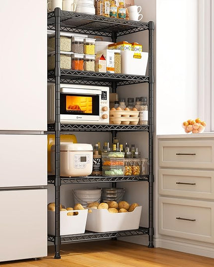 REIBII 1000LBS Wire Shelving Unit, 5 Tier Adjustable Metal Storage Shelves for Kitchen Pantry Office Steel Organizer Wire Rack for Narrow Space, 13.4" D x 23.2" W x 60" H, Black,2PCS