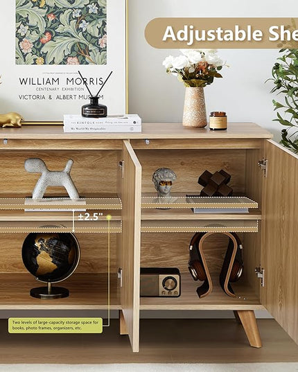 Fluted Sideboard Buffet Cabinet with Storage, Modern Storage Cabinet with 3 Doors, Wood Credenza Buffet Sideboards, Bar Cabinets Console Table for Kitchen Dining Living Room Entryway (Natural)