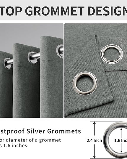 Easy-Going Linen Look Blackout Curtain Grommet Window Curtain Drapes for Bedroom, Living Room Thermal Insulated Room Darkening (2 Panels, 52x108 inch, Grey)