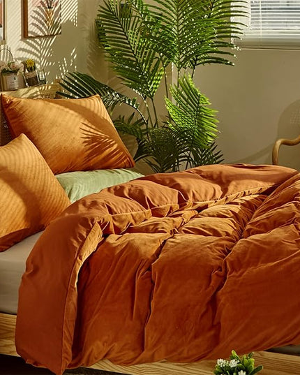 CLOTHKNOW Burnt Orange Velvet Queen Comforter Set Fluffy Bedding Comforter Sets Rust Comforter Terracotta Comforter Queen with 2 x Pillow Cases