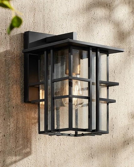 Possini Euro Design Arley Modern Outdoor Wall Light Fixture Black Geometric Frame 12" Seedy Glass for Exterior Barn Deck House Porch Yard Patio Outside Garage Front Door Garden Home Roof Lawn