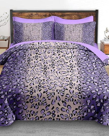 Comforter Set Queen Size, Leopard Colorful Plain Purple 7 Pcs Bedding for Kids and Adults, Gold Geometric Tiger Bed Sheet Sets with Fitted Sheet 2 Pillowcases & 2 Shams for Bedroom Bed Decor