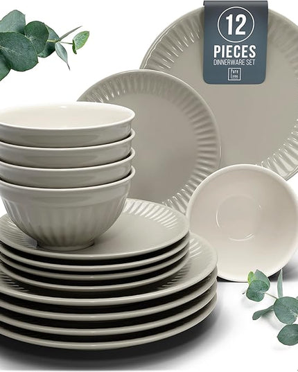 Stoneware Dinnerware Set for 4 People HYGGE 12-Piece - Elegant Scandi Design - Premium Dish Set - Bowl and Plate Set - Tableware for 4 People in a Ribbed Design - Pure Living in Light Brown