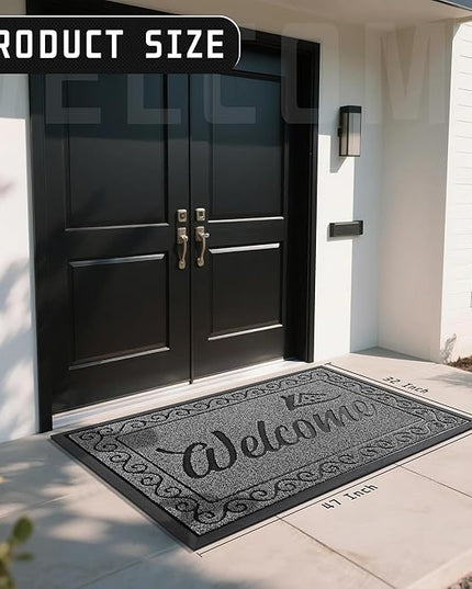 Yimobra Welcome Mat, Heavy Duty Sturdy Door Mats for Home Entrance Outdoor Indoor, Front Doormat for Outside Patio Floor Entry Porch Garage Office, Waterproof, Low Profile, 47X32 Inches, Black Grey