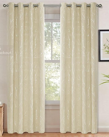 BUHUA Tree Branch Silver Blackout Curtains for Living Room, 72 Inch Length Thermal Insulated, Darkening Curtains for Bedroom, 2 Panel Curtains Set, 52W x 72L, Beige