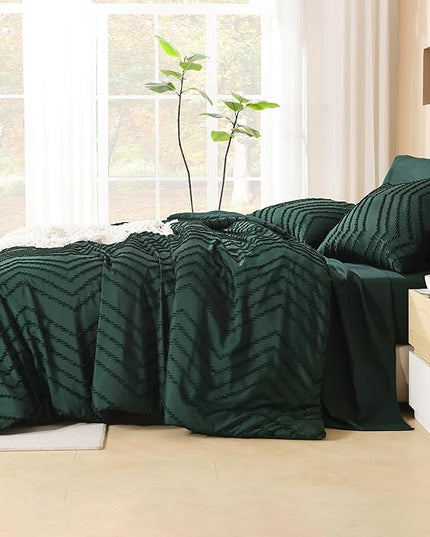 Litanika Full Size Comforter Set with Sheets Dark Emerald Green - 7 Pieces Bed in a Bag Full Chevron Tufted Complete Bedding Sets with Comforter, Sheets, Pillowcases & Shams