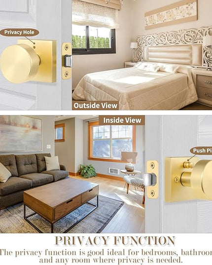 Brushed Gold Door Knobs Interior, Satin Brass Privacy Interior Door Knob, Bathroom and Bedroom Round Door Knobs with Lock