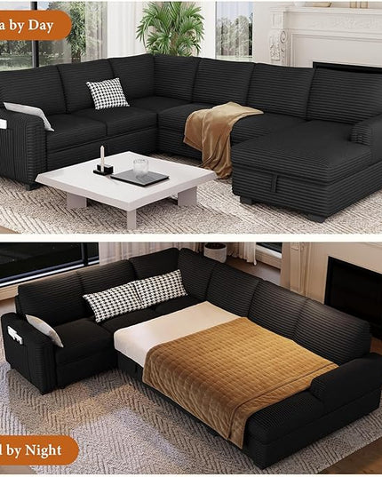 Vesgantti 113.6" Modular Sectional Sofa with Pull Out Couch Bed, 7 Seater U Shaped Sleeper Sofa with Storage Chaise, Corduroy Sectional Couch for Living Room, Bedroom, Apartment, Black