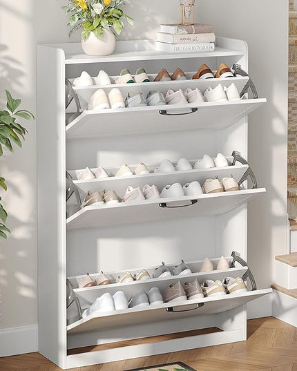Maupvit Shoe Storage Cabinet with 3 Flip Louvered Doors, Freestanding Organizer with Metal Hinges, Shoe Cabinet for Entryway, Narrow Shoe Rack Cabinet, White