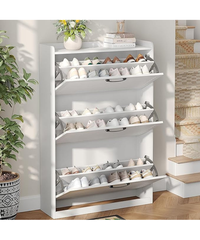 Maupvit Shoe Storage Cabinet with 3 Flip Louvered Doors, Freestanding Organizer with Metal Hinges, Shoe Cabinet for Entryway, Narrow Shoe Rack Cabinet, White